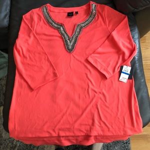 NWT Rafaella Beaded Neckline 3/4 Sleeve Blouse